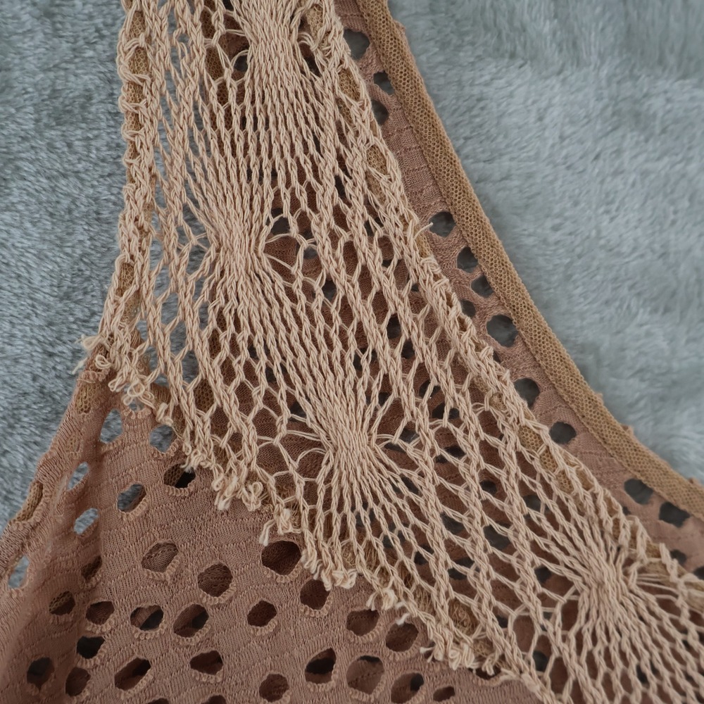 Free People Mini Dress Womens Med Brown Boho Eyelet Beaded Crochet Tunic Coverup - Picture 10 of 15